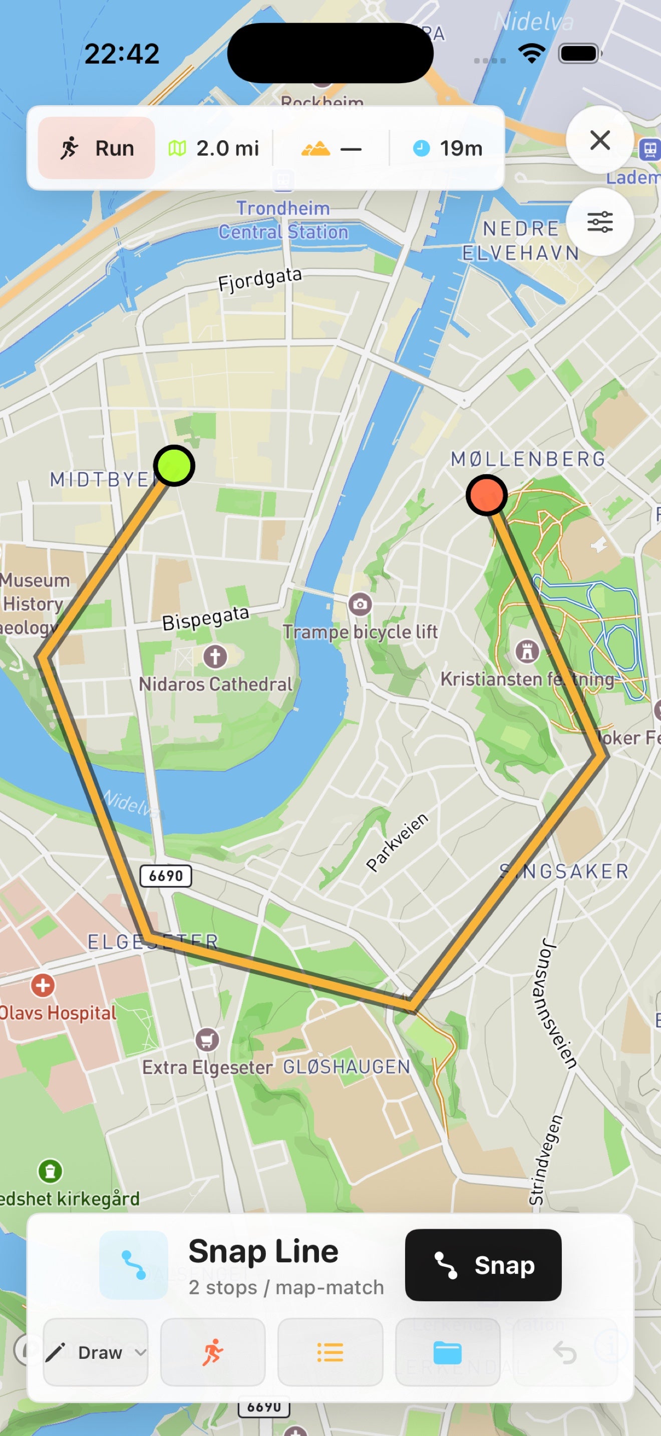 Automatically snapped Skreppa Run route following mapped streets in Trondheim